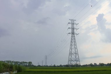 Endonezya 'da pirinç tarlalarını geçen ekstra yüksek gerilim ya da yüksek gerilim aktarım hattı