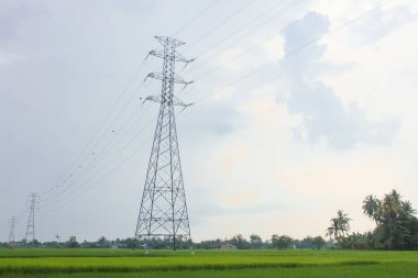 Endonezya 'da pirinç tarlalarını geçen ekstra yüksek gerilim ya da yüksek gerilim aktarım hattı