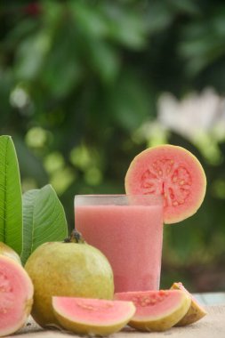 Guava suyu ya da bir bardakta Psidium Guajava ve yeşil yaprakların doğal bir arka planına sahip bir masada tüm ve dilimlenmiş guava ile süslenmiş.