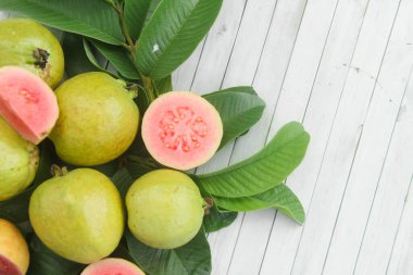 Guava yapraklarıyla süslenmiş kırmızı guava meyveli Psidium Guajava. Olgun ve taze kırmızı guava dilimleri