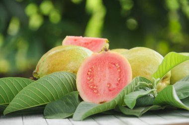 guava meyvesi ya da Psidium Guajava masaya düzgün yerleştirilmiş ve taze yeşil yapraklarla süslenmiş.