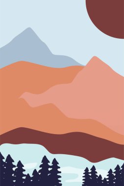 Yazdırılabilir Soyut Manzara Duvar Dekorasyonu Posteri. Dağlar Ağaçlar Basılabilir Duvar Sanatı. Orta Çağ Modern Dekoru. Yazdırılabilir Duvar Sanatı Güneş Terracotta Duvar Sanatı