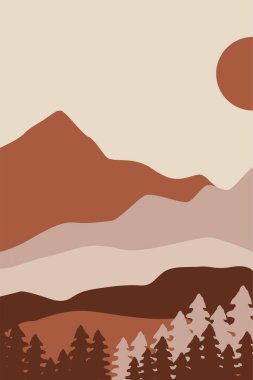 Yazdırılabilir Soyut Manzara Duvar Dekorasyonu Posteri. Dağlar Ağaçlar Basılabilir Duvar Sanatı. Orta Çağ Modern Dekoru. Yazdırılabilir Duvar Sanatı Güneş Terracotta Duvar Sanatı