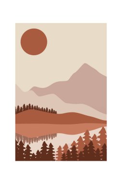 Yazdırılabilir Soyut Manzara Duvar Dekorasyonu Posteri. Dağlar Ağaçlar Basılabilir Duvar Sanatı. Orta Çağ Modern Dekoru. Yazdırılabilir Duvar Sanatı Güneş Terracotta Duvar Sanatı
