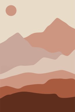 Yazdırılabilir Soyut Manzara Duvar Dekorasyonu Posteri. Dağlar Ağaçlar Basılabilir Duvar Sanatı. Orta Çağ Modern Dekoru. Yazdırılabilir Duvar Sanatı Güneş Terracotta Duvar Sanatı