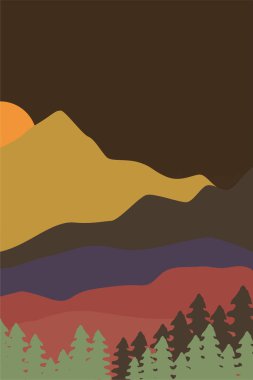 Yazdırılabilir Soyut Manzara Duvar Dekorasyonu Posteri. Dağlar Ağaçlar Basılabilir Duvar Sanatı. Orta Çağ Modern Dekoru. Yazdırılabilir Duvar Sanatı Güneş Terracotta Duvar Sanatı