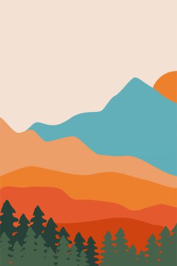 Yazdırılabilir Soyut Manzara Duvar Dekorasyonu Posteri. Dağlar Ağaçlar Basılabilir Duvar Sanatı. Orta Çağ Modern Dekoru. Yazdırılabilir Duvar Sanatı Güneş Terracotta Duvar Sanatı