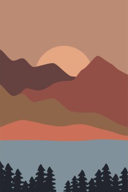 Yazdırılabilir Soyut Manzara Duvar Dekorasyonu Posteri. Dağlar Ağaçlar Basılabilir Duvar Sanatı. Orta Çağ Modern Dekoru. Yazdırılabilir Duvar Sanatı Güneş Terracotta Duvar Sanatı