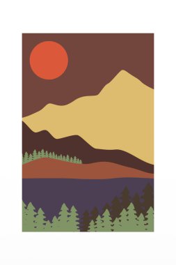 Yazdırılabilir Soyut Manzara Duvar Dekorasyonu Posteri. Dağlar Ağaçlar Basılabilir Duvar Sanatı. Orta Çağ Modern Dekoru. Yazdırılabilir Duvar Sanatı Güneş Terracotta Duvar Sanatı