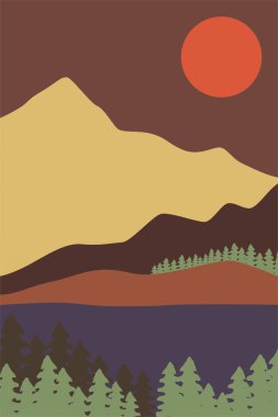 Yazdırılabilir Soyut Manzara Duvar Dekorasyonu Posteri. Dağlar Ağaçlar Basılabilir Duvar Sanatı. Orta Çağ Modern Dekoru. Yazdırılabilir Duvar Sanatı Güneş Terracotta Duvar Sanatı