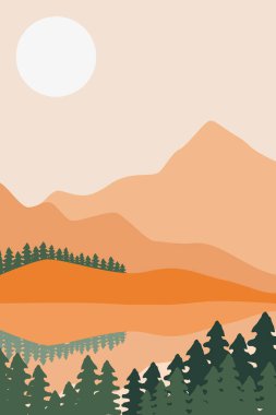 Yazdırılabilir Soyut Manzara Duvar Dekorasyonu Posteri. Dağlar Ağaçlar Basılabilir Duvar Sanatı. Orta Çağ Modern Dekoru. Yazdırılabilir Duvar Sanatı Güneş Terracotta Duvar Sanatı