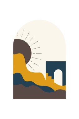 Soyut Minimalist Boho Dağı Geçmişi. Soyut Peyzaj Sanatı Posteri. Yüzyılın Ortası Arkaplan Çizimi