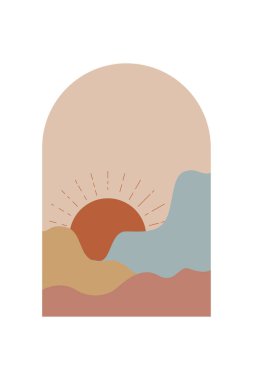 Soyut Minimalist Boho Dağı Geçmişi. Soyut Peyzaj Sanatı Posteri. Yüzyılın Ortası Arkaplan Çizimi