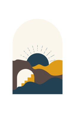 Soyut Minimalist Boho Dağı Geçmişi. Soyut Peyzaj Sanatı Posteri. Yüzyılın Ortası Arkaplan Çizimi