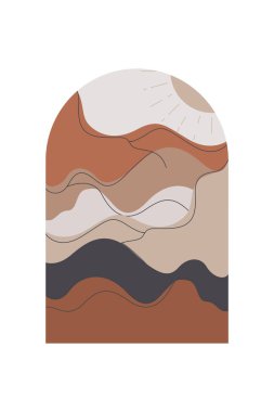 Soyut Minimalist Boho Dağı Geçmişi. Soyut Peyzaj Sanatı Posteri. Yüzyılın Ortası Arkaplan Çizimi