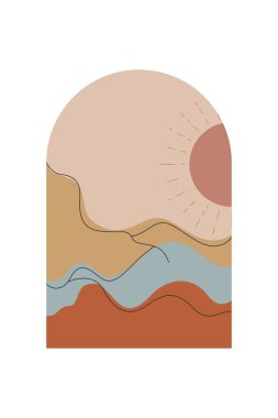 Soyut Minimalist Boho Dağı Geçmişi. Soyut Peyzaj Sanatı Posteri. Yüzyılın Ortası Arkaplan Çizimi