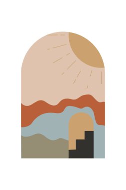 Soyut Minimalist Boho Dağı Geçmişi. Soyut Peyzaj Sanatı Posteri. Yüzyılın Ortası Arkaplan Çizimi