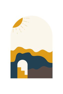 Soyut Minimalist Boho Dağı Geçmişi. Soyut Peyzaj Sanatı Posteri. Yüzyılın Ortası Arkaplan Çizimi