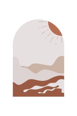 Soyut Minimalist Boho Dağı Geçmişi. Soyut Peyzaj Sanatı Posteri. Yüzyılın Ortası Arkaplan Çizimi