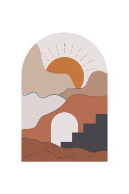 Soyut Minimalist Boho Dağı Geçmişi. Soyut Peyzaj Sanatı Posteri. Yüzyılın Ortası Arkaplan Çizimi