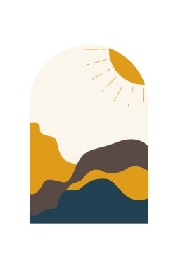 Soyut Minimalist Boho Dağı Geçmişi. Soyut Peyzaj Sanatı Posteri. Yüzyılın Ortası Arkaplan Çizimi
