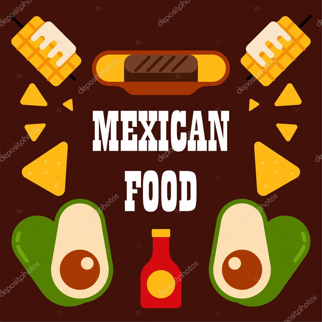 Mexican food background. Flat mexican food illustration background with food icons