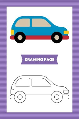 Renkli araba resimli boyama kitabının sayfası. Düz çocuk araba boyama kitabı ya da sayfa
