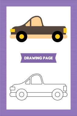 Renkli araba resimli boyama kitabının sayfası. Düz çocuk araba boyama kitabı ya da sayfa