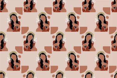 Çiçekli kız kusursuz desenli çizim geçmişi. Botanik kusursuz desen arkaplanı