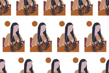 Çiçekli kız kusursuz desenli çizim geçmişi. Botanik kusursuz desen arkaplanı