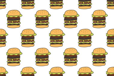 Burger desensiz arka plan paket kağıdı, web afişi ve sosyal medya afişi olarak kullanılabilir. Fast food kusursuz desen