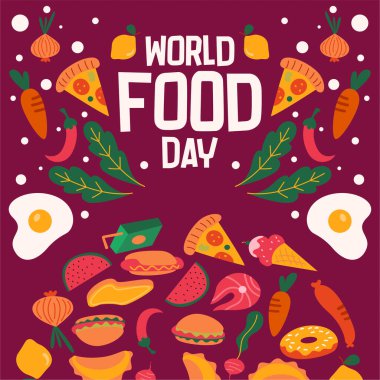 Dünya Gıda Günü illüstrasyon geçmişi. Yiyecek ikonlarıyla yemek günü illüstrasyonu