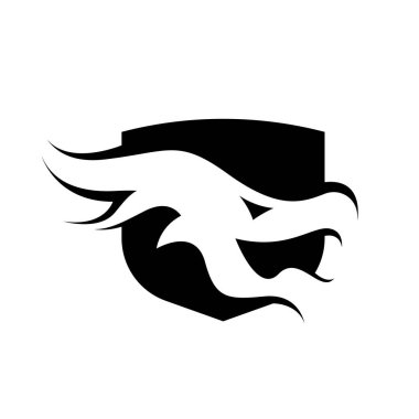 Baş ejderha rozeti logosu beyaz ve siyah renkte izole edilmiş. Beyaz ve siyah olarak soyut ejderha logosu şablonu