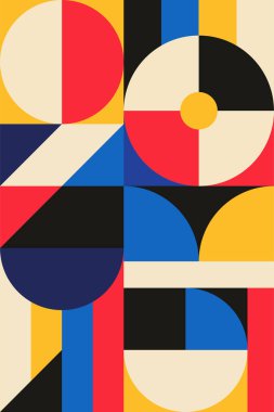 Çokrenkli Bauhaus Posteri, Geometrik Bauhaus Sanat Yazısı, Orta Yüzyıl Bauhaus Duvar Sanatı, Renkli Geometrik Sanat Yazısı