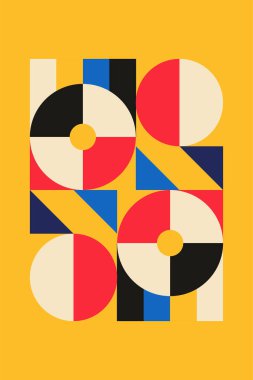 Çokrenkli Bauhaus Posteri, Geometrik Bauhaus Sanat Yazısı, Orta Yüzyıl Bauhaus Duvar Sanatı, Renkli Geometrik Sanat Yazısı