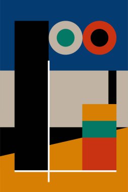 Çokrenkli Bauhaus Posteri, Geometrik Bauhaus Sanat Yazısı, Orta Yüzyıl Bauhaus Duvar Sanatı, Renkli Geometrik Sanat Yazısı