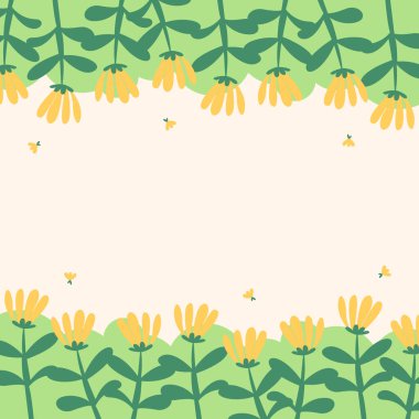 Düz bahar çiçeği tebrik kartı şablonu. Bahar arkaplan illüstrasyonu