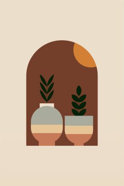 Geometrik boho kavanozu çizimi. Düz tasarım boho duvar çizimi