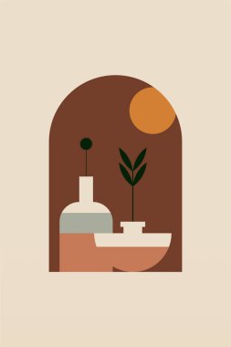 Geometrik boho kavanozu çizimi. Düz tasarım boho duvar çizimi