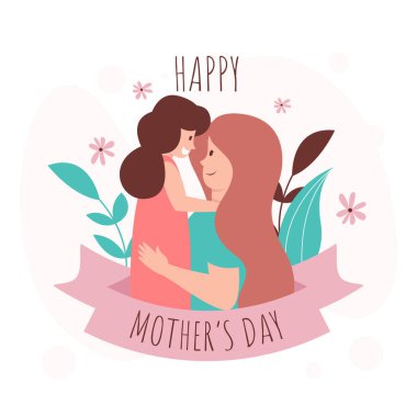Anneler Günü arkaplan çizimin kutlu olsun. Düz Anneler Günü illüstrasyonu. Anne ve çocuğunun tasviri