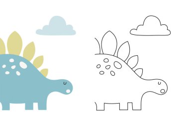 Komik dinozorun vektör karikatürü, boyama kitabı ya da sayfa. Şirin dino karakter renklendirme sayfası