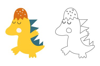 Komik dinozorun vektör karikatürü, boyama kitabı ya da sayfa. Şirin dino karakter renklendirme sayfası