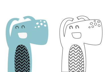Komik dinozorun vektör karikatürü, boyama kitabı ya da sayfa. Şirin dino karakter renklendirme sayfası