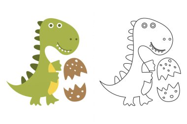 Komik dinozorun vektör karikatürü, boyama kitabı ya da sayfa. Şirin dino karakter renklendirme sayfası
