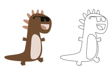 Komik dinozorun vektör karikatürü, boyama kitabı ya da sayfa. Şirin dino karakter renklendirme sayfası