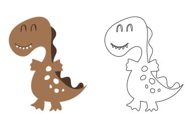 Komik dinozorun vektör karikatürü, boyama kitabı ya da sayfa. Şirin dino karakter renklendirme sayfası