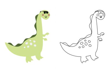 Komik dinozorun vektör karikatürü, boyama kitabı ya da sayfa. Şirin dino karakter renklendirme sayfası