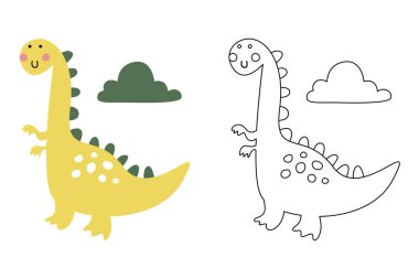 Komik dinozorun vektör karikatürü, boyama kitabı ya da sayfa. Şirin dino karakter renklendirme sayfası