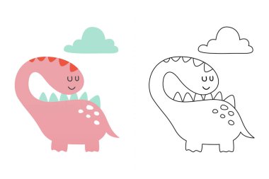 Komik dinozorun vektör karikatürü, boyama kitabı ya da sayfa. Şirin dino karakter renklendirme sayfası