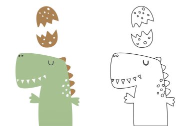 Komik dinozorun vektör karikatürü, boyama kitabı ya da sayfa. Şirin dino karakter renklendirme sayfası